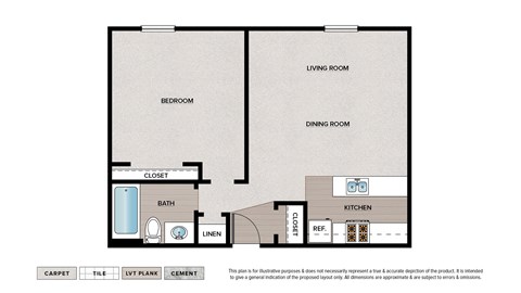 Floor plan for 1 bed, 1 bath, 575 sqft